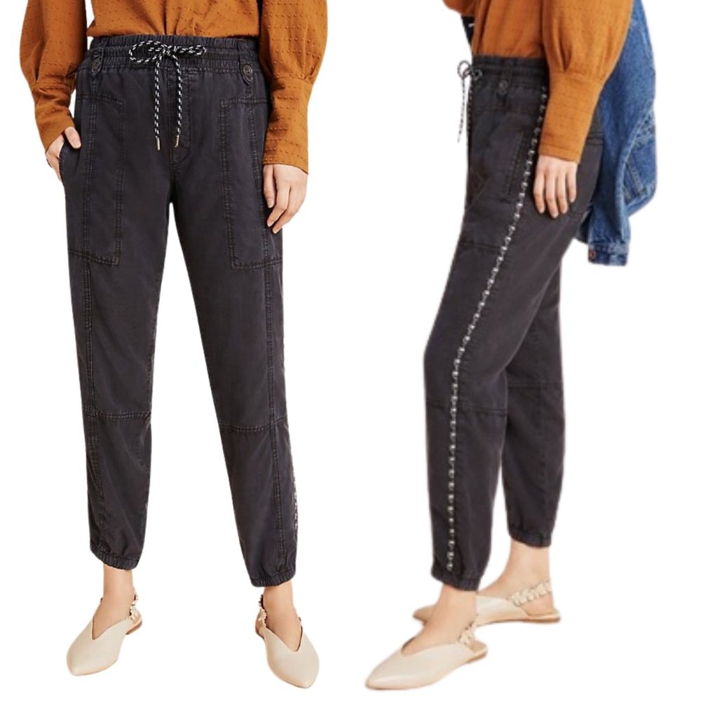 ANTHROPOLOGIE Byron Seamed Drawstring Waist Embroidered Stripe Utility Joggers M